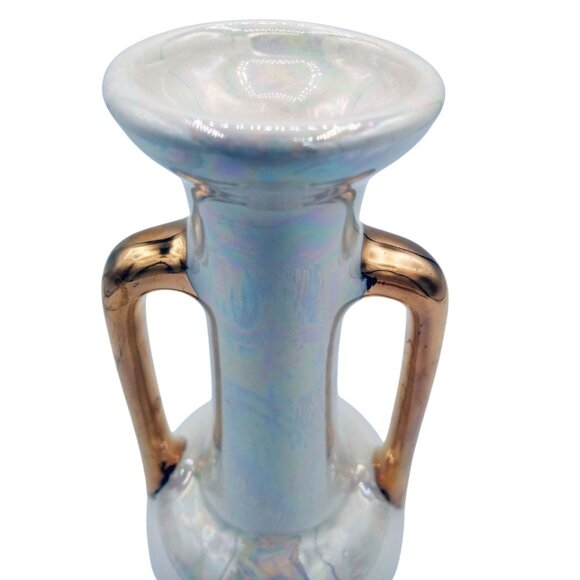 Vintage 22K Gold Luster Vase Pioneer Pottery USA Iridescent Pearl Double Handle - Picture 5 of 16